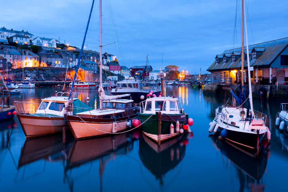 night time view mevagissey harbour